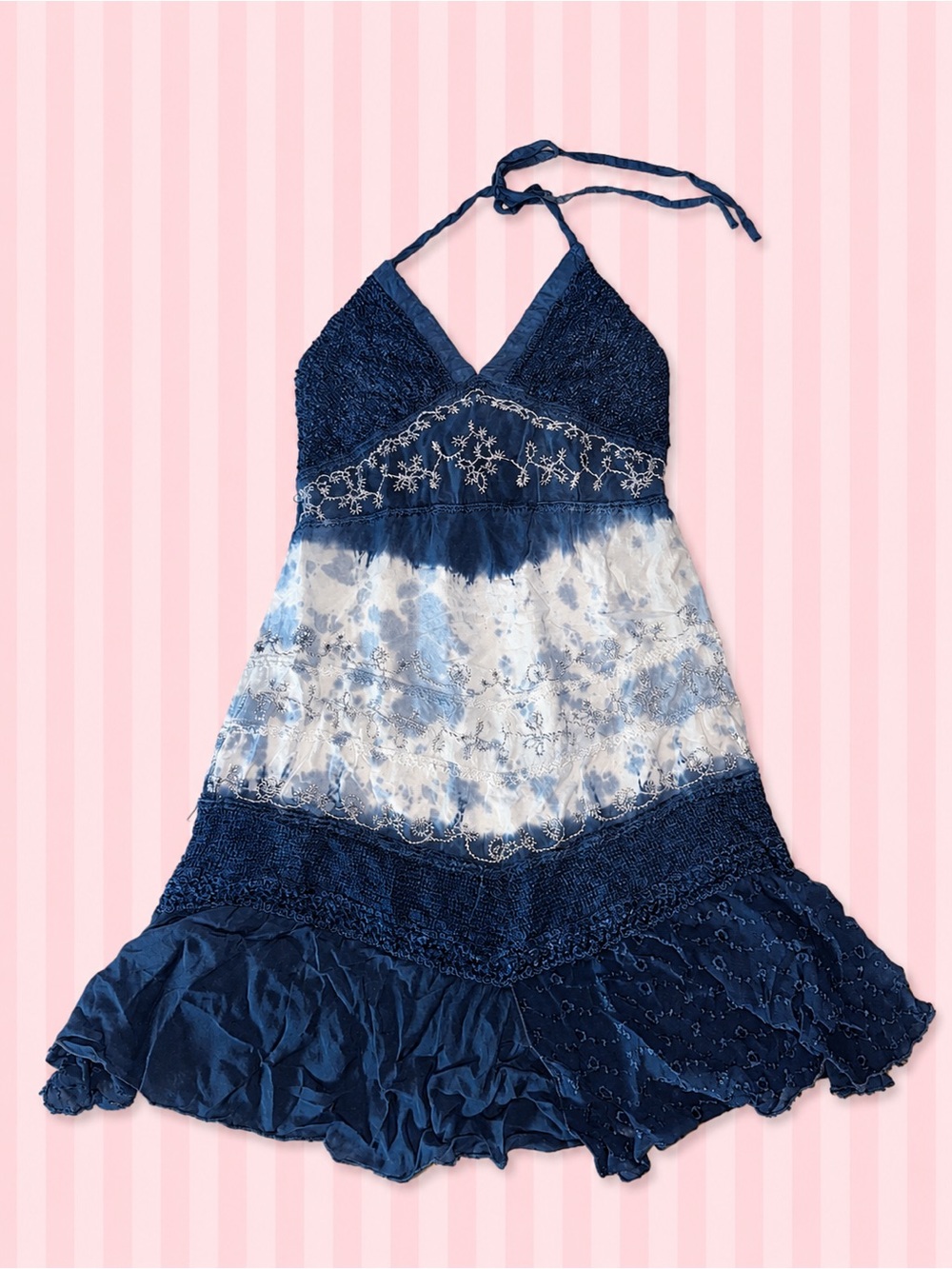 Y2K Blue Tie Dye Embroidered Halter Dress 🦋✨